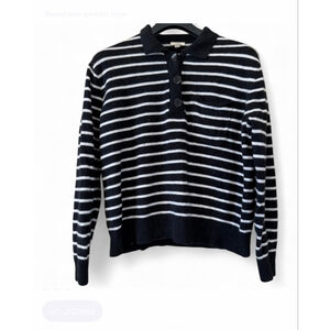 Women's J.Crew Black & White Striped Cashmere Polo Sweater L